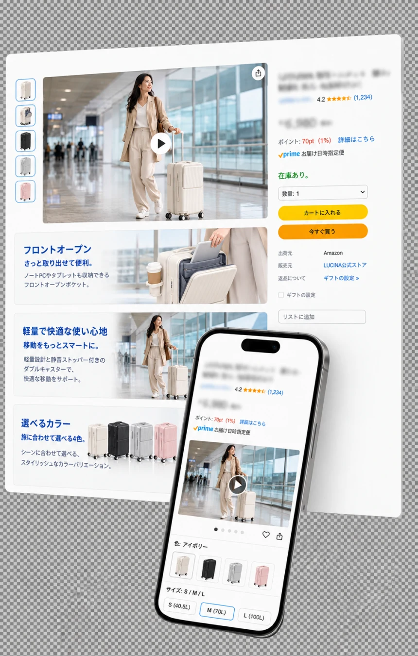 制作イメージ:女性向け旅行バッグの商品ページ。空港でスーツケースを使う動画と大きな商品画像を、PC用ページと手前のスマートフォンに表示しています。