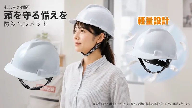 2秒のカット。「もしもの瞬間 頭を守る備えを」防災ヘルメットの第一印象。